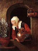 DOU, Gerrit Old Woman Watering Flowers sd oil on canvas